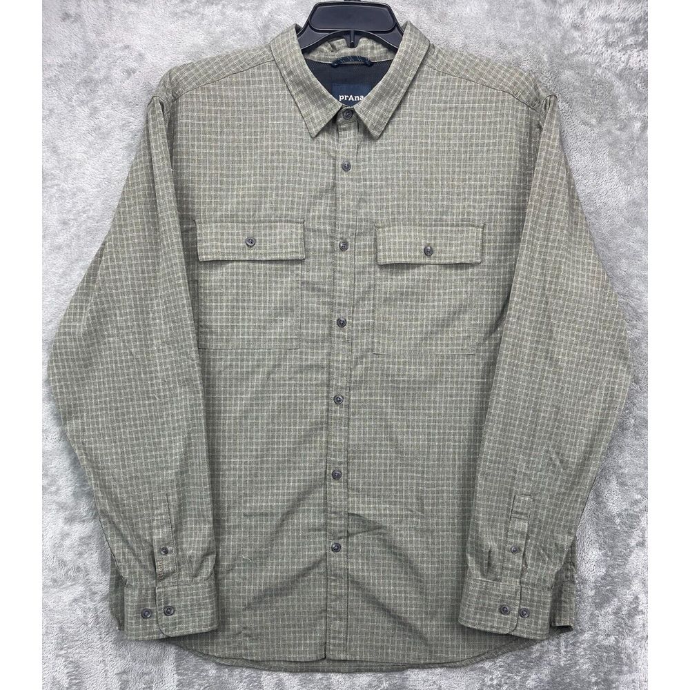 Prana Men's Shirt XL Gray Plaid Vented Long Sleeve Button Up Camp Fishing